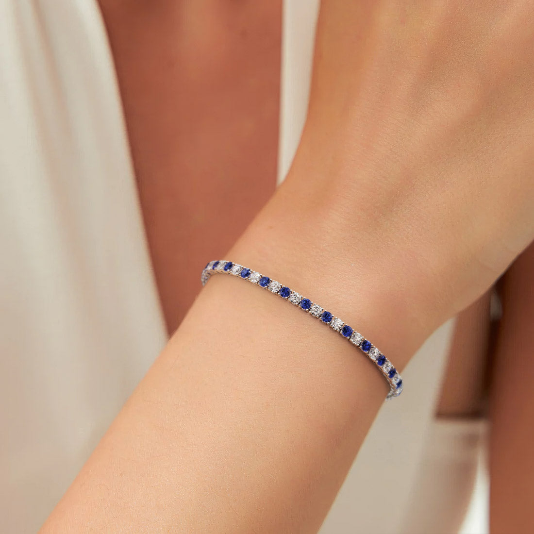 7.50 CTW AGI Certified Lab Created Blue Sapphire & Diamond Tennis Bracelet in 14K White Gold Overlay