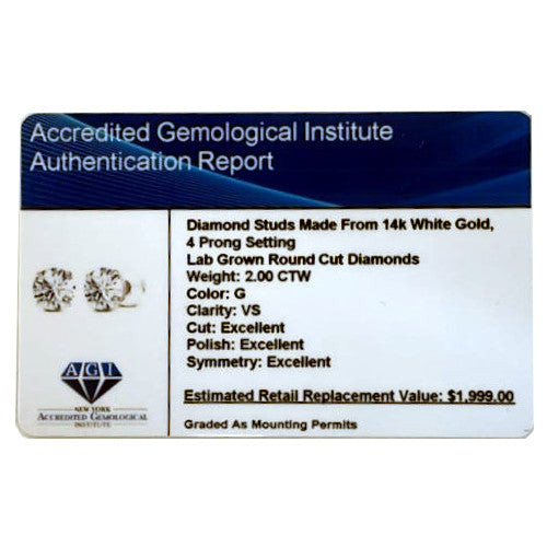 2.00 CTW AGI Certified  Lab-Grown Diamond Stud Earrings in 14K Yellow Gold | G Color VS Clarity | USA Handcrafted Fine Jewelry