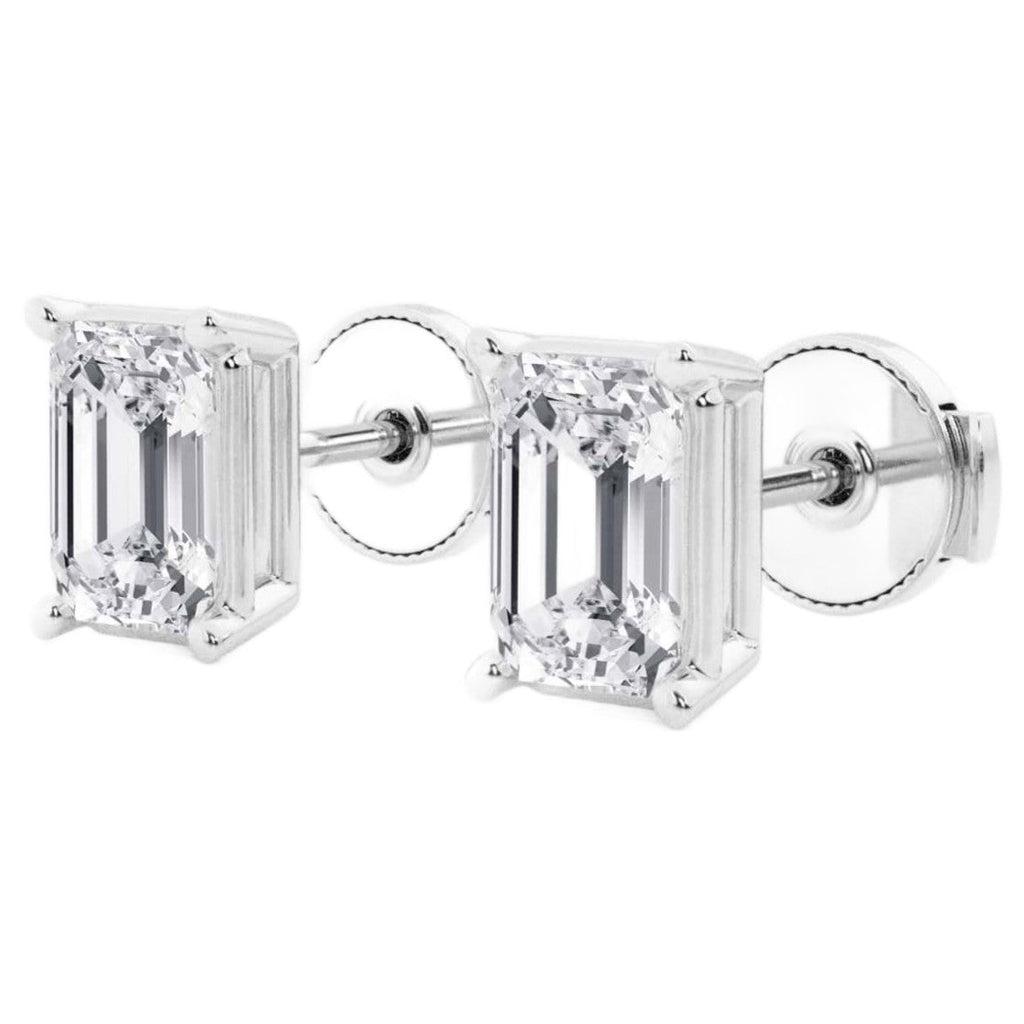 AGI Certified Lab Grown Emerald Cut Diamond Stud Earrings In 14K White Gold