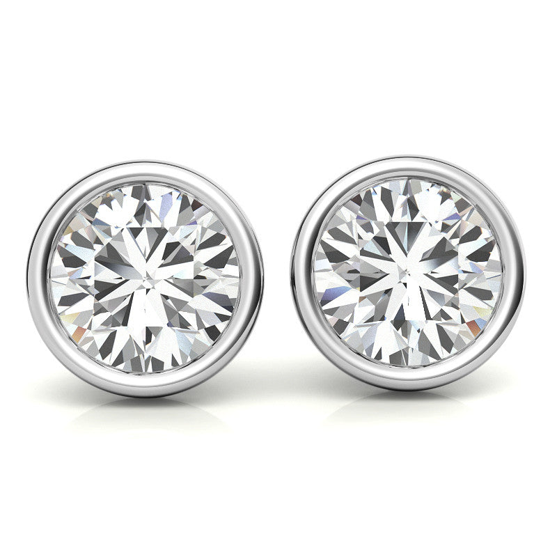 Bezel Round Lab Grown Diamond Stud Earrings in 14K White or Yellow Gold - 2.00 or 3.00 CTW